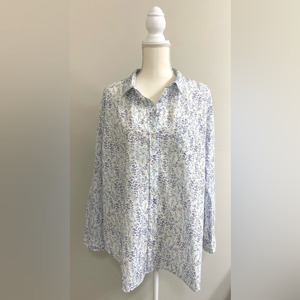 Old Navy Womens XXL Blue Floral Button-Down Top Boho Fall 90s Coastal Grandma